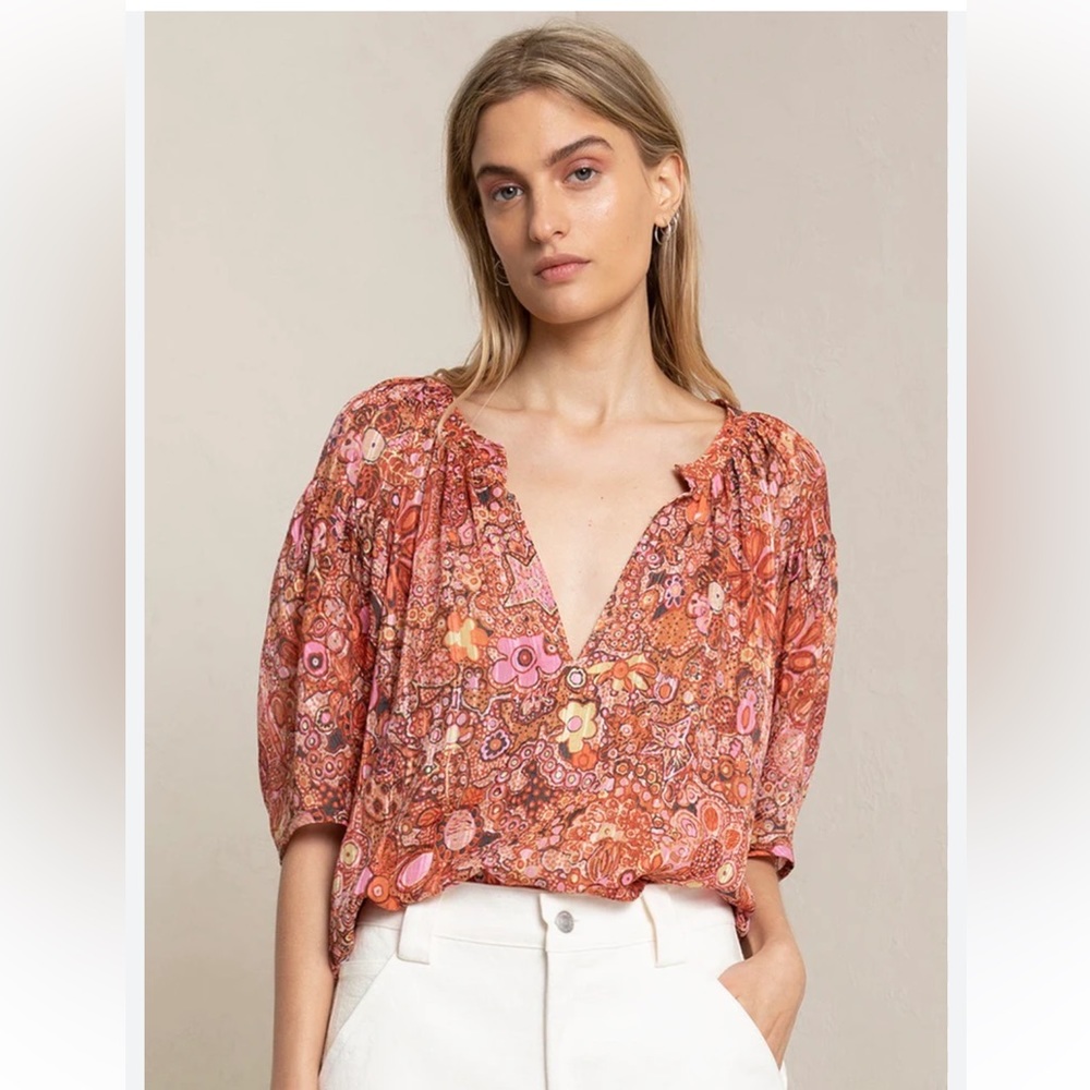 ALC $389 Silk Cotton Juliana half-sleeve floral puff sleeve top blouse small